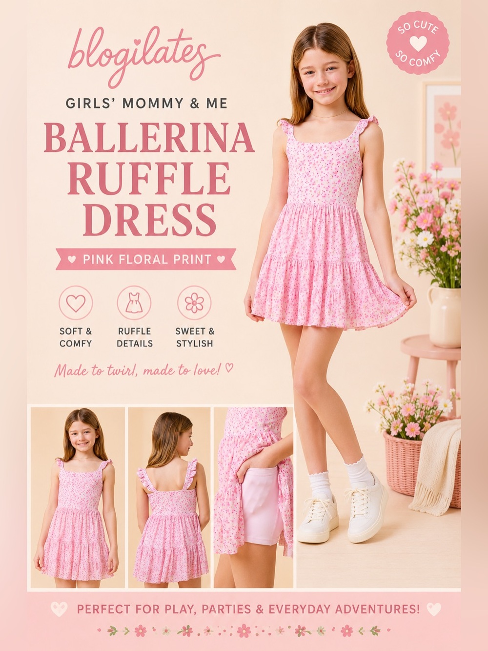 🩷‼️🔥🆕 Blogilates Girls' Pink Floral Ballerina Ruffle Dress
